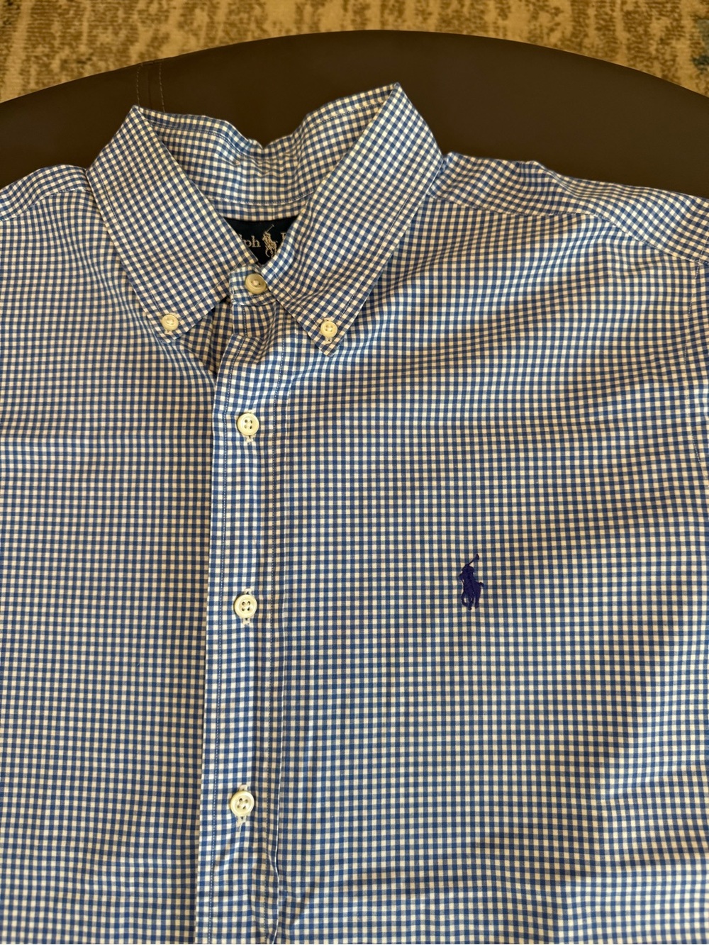 Ralph Lauren Gingham Micro Plaid Blue and White Short Sleeve Button Mens XL - Picture 2 of 9